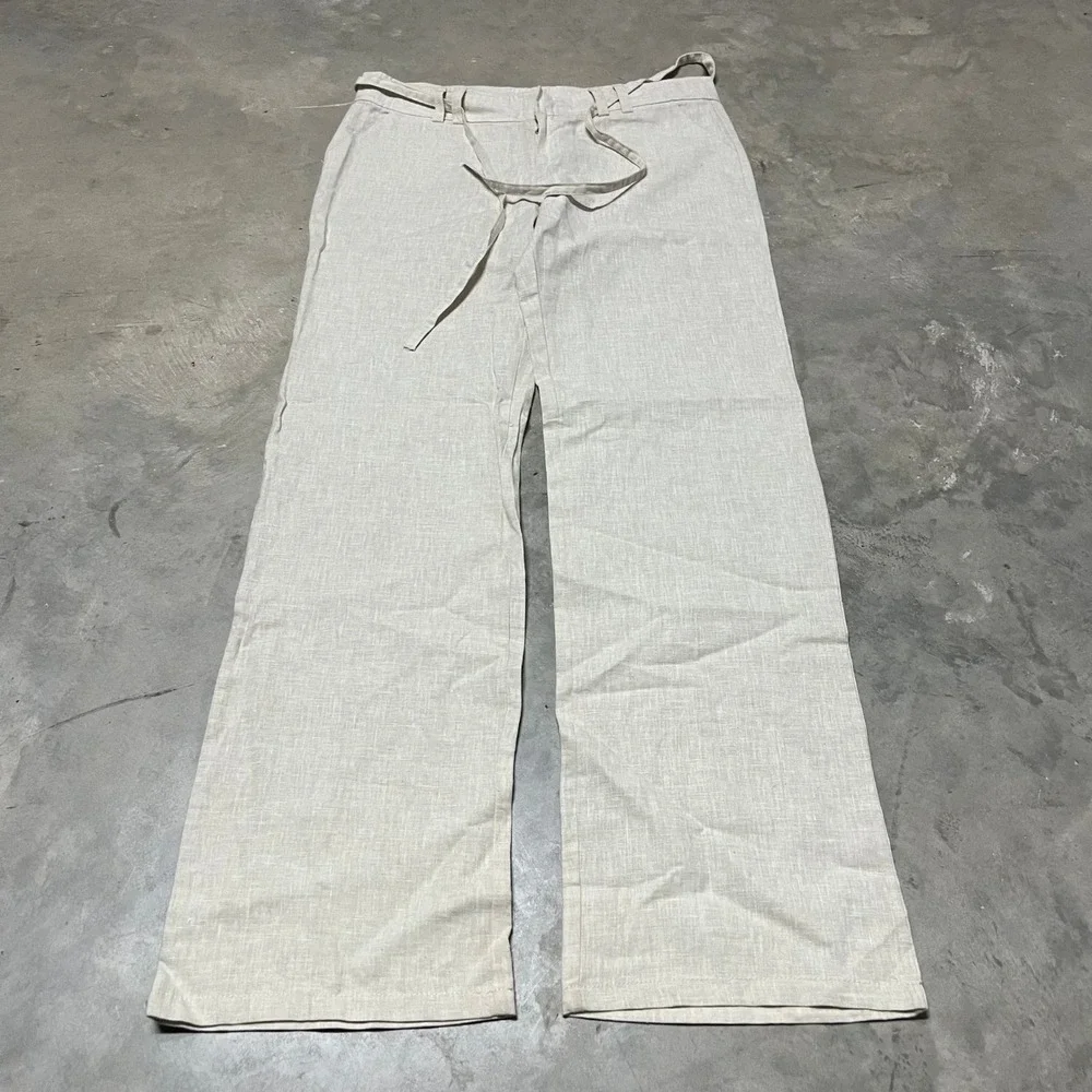 Zenana Outfitters Cream Belted Wide Leg Linen Blend Pants Mens Large JP-7223